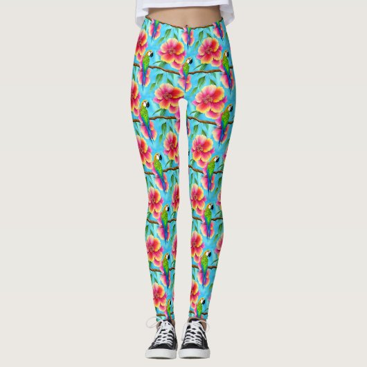 Tropischer Papagei und Muster der Blume Leggings (Vorderseite)