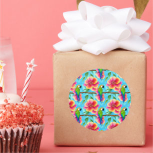 Tropischer Papagei und Muster der Blume Runder Aufkleber