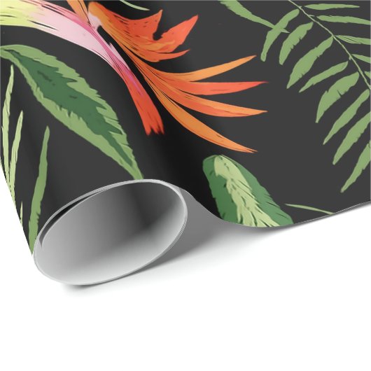 Tropischer Paradiesvogel und Farne auf Schwarzem Geschenkpapier (Rolleneckpunkt)