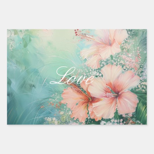 Tropischer Pfirsichweiße Hibiskus Liebe Geschenkpapier Set (Vorderseite)