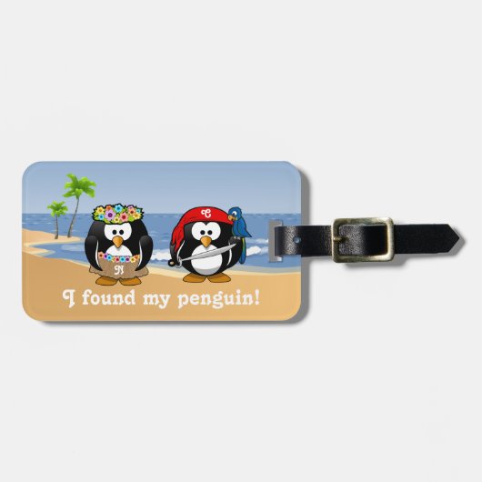 Tropischer Pinguin-Paare Hula Piraten-Insel-Strand Gepäckanhänger (Vorderseite horizontal)