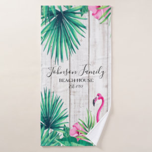 Tropischer Pink Flamingo Familienname Strand Badhandtuch Set