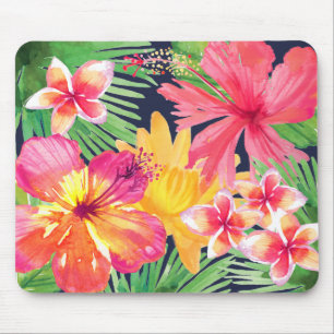 Tropischer Pink-Hibiskus Plumeria Navy Blue Mousepad
