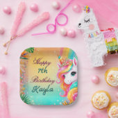 Tropischer Regenbogen-Einhorn-Blumen-Mädchen-Gebur Pappteller (Party)