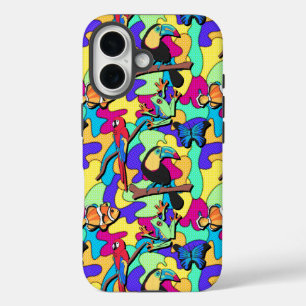 Tropischer Retro Toucan Macaw Tree Frosch Clownfis iPhone 16 Hülle