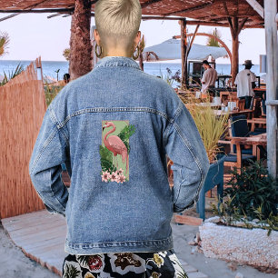 Tropischer Rosa Flamingo Grüne Palmwedel Lilie Jeansjacke