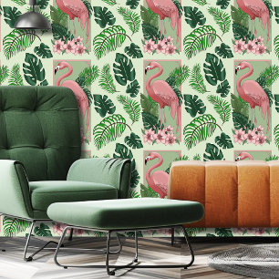 Tropischer Rosa Flamingo Grüne Palmwedel Lilie Tapete