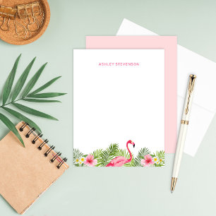 Tropischer rosa Flamingo Hibiskus Monogramm Mitteilungskarte