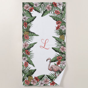 Tropischer Rosa Flamingo & Hibiskus Monogramm Strandtuch