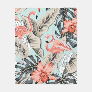 Tropischer rosa Flamingo mit Orchideenblüten und B Fleecedecke