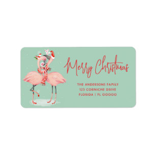 Tropischer Rosa Flamingo mit Weihnachtsmannhut Wei Adressaufkleber
