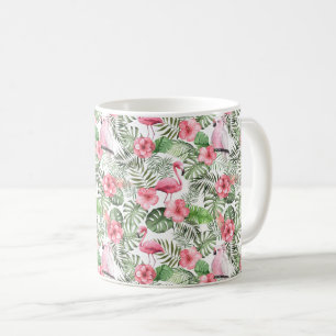 Tropischer rosa Flamingo, Vogel, Hibiskus und Grün Kaffeetasse