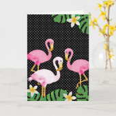 Tropischer rosa Flamingos auf Polka Docks Karte (Gelbe Blume)