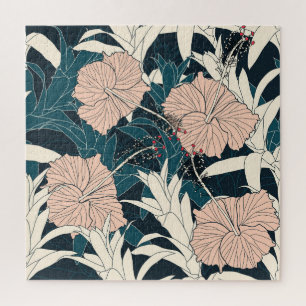 Tropischer rosa Hibiskus, dunkler Hintergrund Puzzle