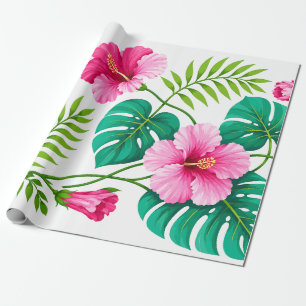 Tropischer rosa Hibiskus und Monstera-Blätter Geschenkpapier