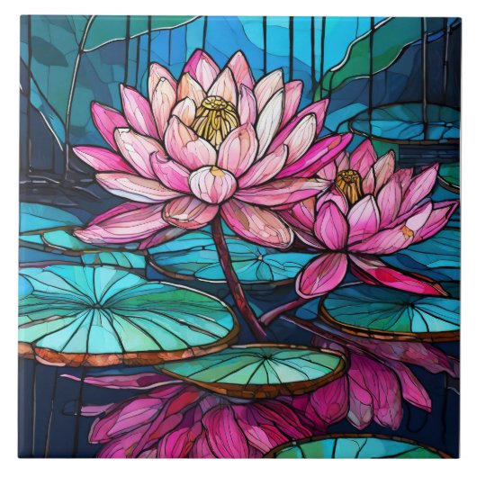 Tropischer Rosa Lotus 1 Glasmalerei Fliese (Vorderseite)