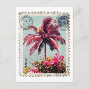 Tropischer rosa Palmen-Poststempel Vintage-Strand- Postkarte