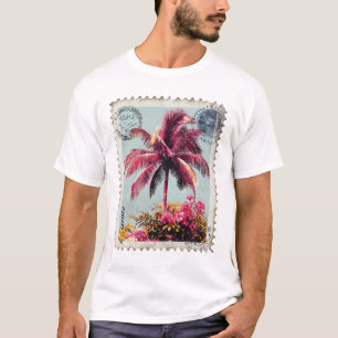 Tropischer rosa Palmen-Poststempel Vintage-Strand T-Shirt