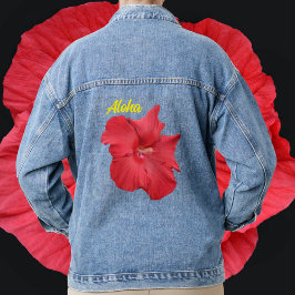 Tropischer Roter Hibiskus Blume Hawaiian Aloha Jeansjacke