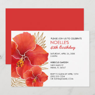 Tropischer Roter Hibiskus & Gold Leaf 40. Geburtst Einladung