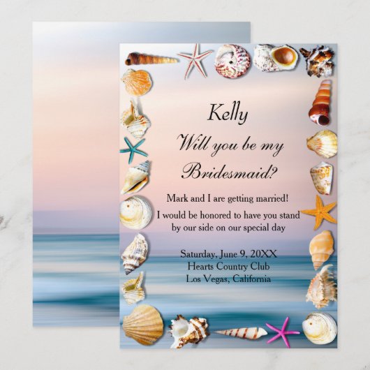 Tropischer Sandstrand und Seashells Bridesmaid Einladung (Vorne/Hinten)