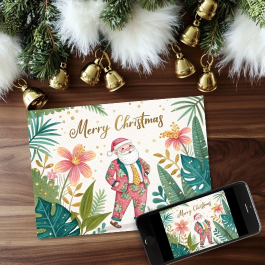 Tropischer Santa in einer Hat-Weihnachtskarte Dankeskarte