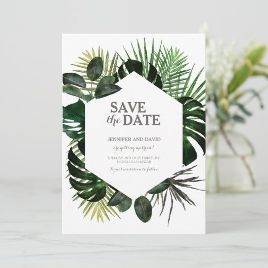 Tropischer Save the Date Kalender Fern Monstera Le (Stehend Vorderseite)