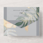 Tropischer Scarlet-Gelber Hibiskus Fern Wedding All In One Einladung (Rückseite)