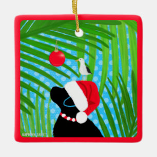 Tropischer schwarzer Lab Santa-Hund Weihnachtsbaum Keramikornament