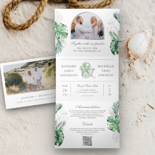 Tropischer Silberpalmen-Foto-QR-Code-Hochzeit Dreifach Gefaltete Einladung