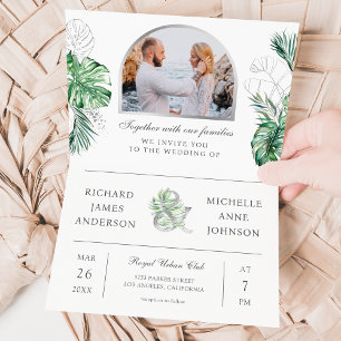 Tropischer Silberpalmen-Foto-QR-Code-Hochzeit Einladung
