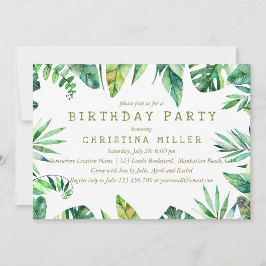 Tropischer Sommer | Aquarellfarben-Blätter BIRTHTA Einladung (Vorderseite)