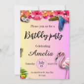 Tropischer Sommer Blumen und rosa Flamingo Geburts Einladung (Vorderseite)