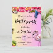 Tropischer Sommer Blumen und rosa Flamingo Geburts Einladung (Stehend Vorderseite)