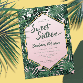 Tropischer Sommer Blush Pink Grüne Sweet Sixteen Einladung