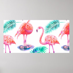 Tropischer Sommer mit Flamingos-Blätter und Exo Poster