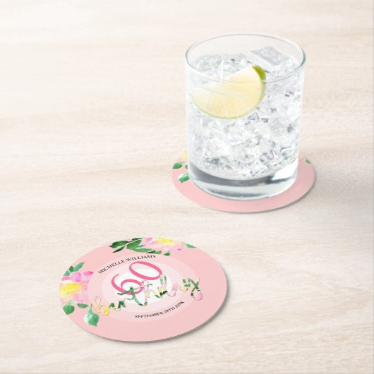 Tropischer Sommer Rosa Flora Wasserfarbe Runder Pappuntersetzer (Vor Ort)