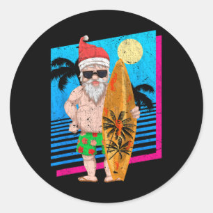 Tropischer Sommer Surfen Santa Claus Lustiges Weih Runder Aufkleber