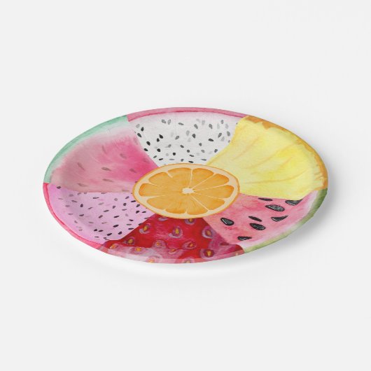 Tropischer Sommer Wasserfarbenfrucht Tutti Fruitti Pappteller (Schrägansicht)