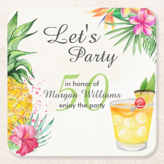 Tropischer Sommercocktail 50. Geburtstagsparty Rechteckiger Pappuntersetzer (Vorderseite)