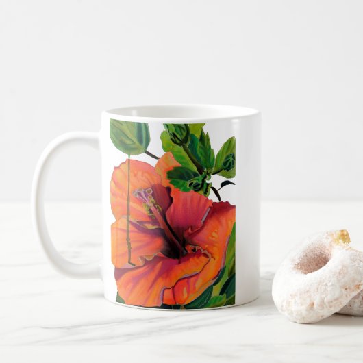 Tropischer Sommerorange-Hibiskus Kaffeetasse (Mit Donut)