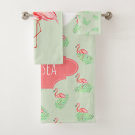 Tropischer Sommerrosa Flamingo-Name des Mädchens Badhandtuch Set