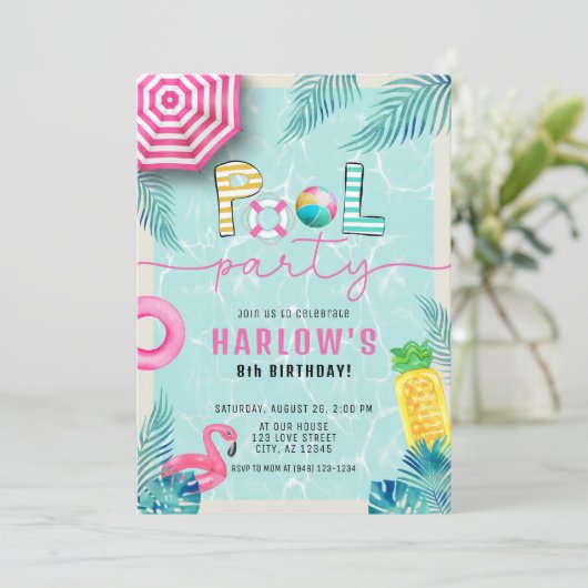Tropischer Sommerspass Girl's Pool Party Geburtsta Einladung (Stehend Vorderseite)