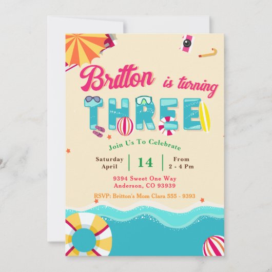 Tropischer Sommerstrand Dritter Geburtstag Einladung (Vorderseite)