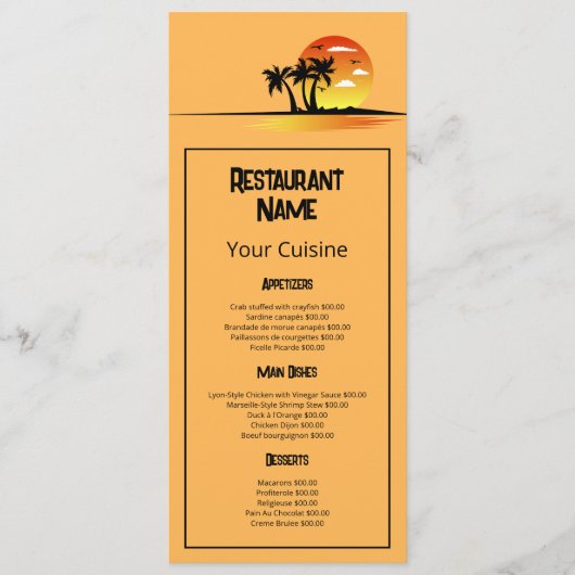 Tropischer Sonnenaufgang, Restaurant Slimline Menükarte (Vorderseite)