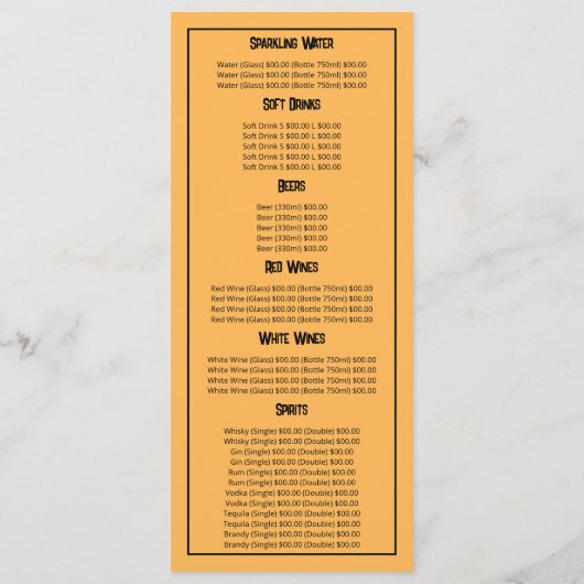 Tropischer Sonnenaufgang, Restaurant Slimline Menükarte (Rückseite)