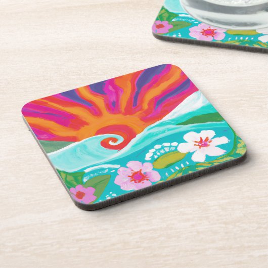 Tropischer Sonnenuntergang im Fushia-Wurfkissen Getränkeuntersetzer (Linke Seite)