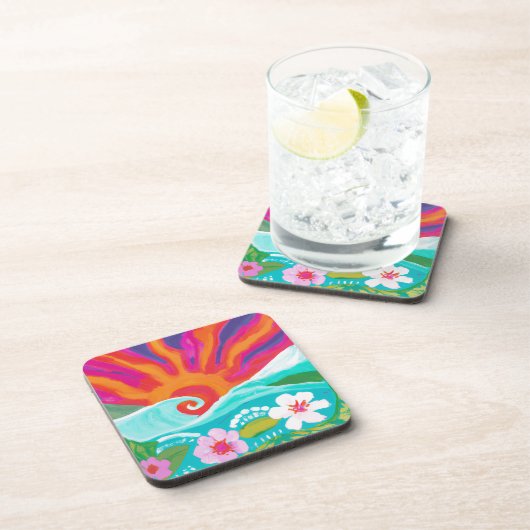 Tropischer Sonnenuntergang im Fushia-Wurfkissen Getränkeuntersetzer (Rechte Seite)