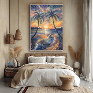 Tropischer Sonnenuntergang im Pointillismus-Stil Poster