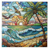Tropischer Sonnenuntergang im verglasten Stil auf Fliese (Vorderseite)